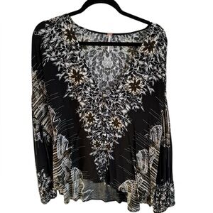 Free People V Neck Black Boho Printed Button Up Blouse, Size Medium